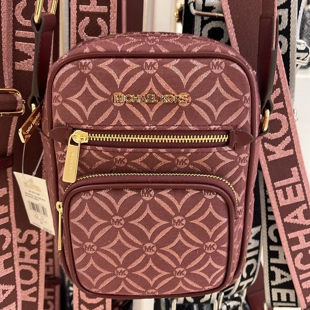 Michael Kors Jet Set Medium Signature Logo Crossbody Bag Oxbloodl Jacquard NWT